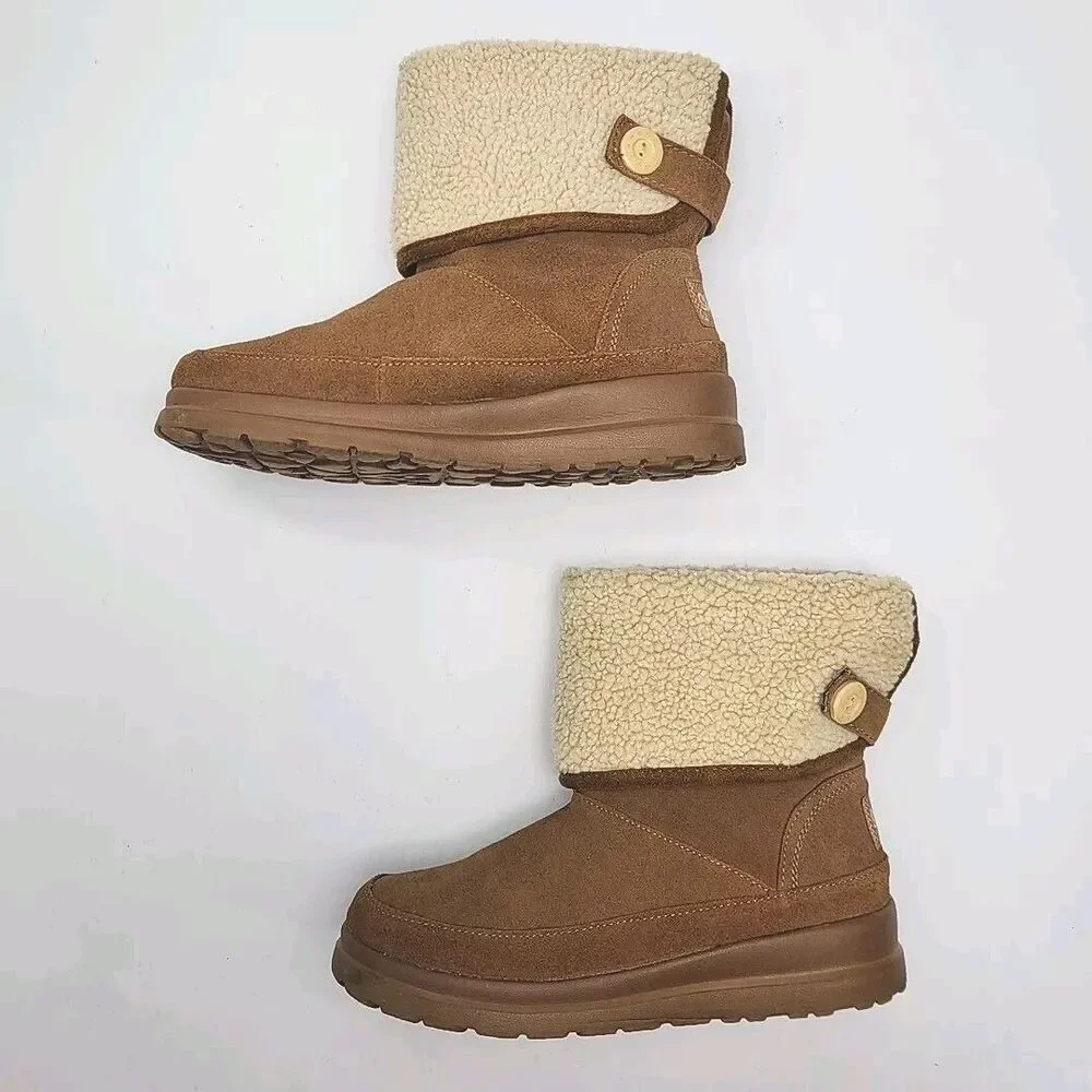 Skechers Boots Chestnut Brown Faux Sherpa Suede Women 10 Flat SN48676 Shoe Ankle